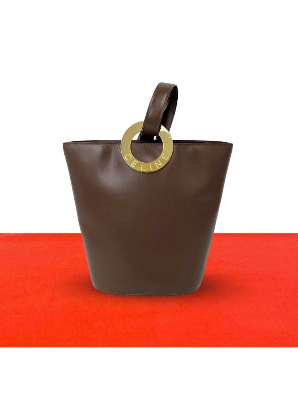 Celine Vintage Circle Logo Leather Shoulder Bag Tote Brown